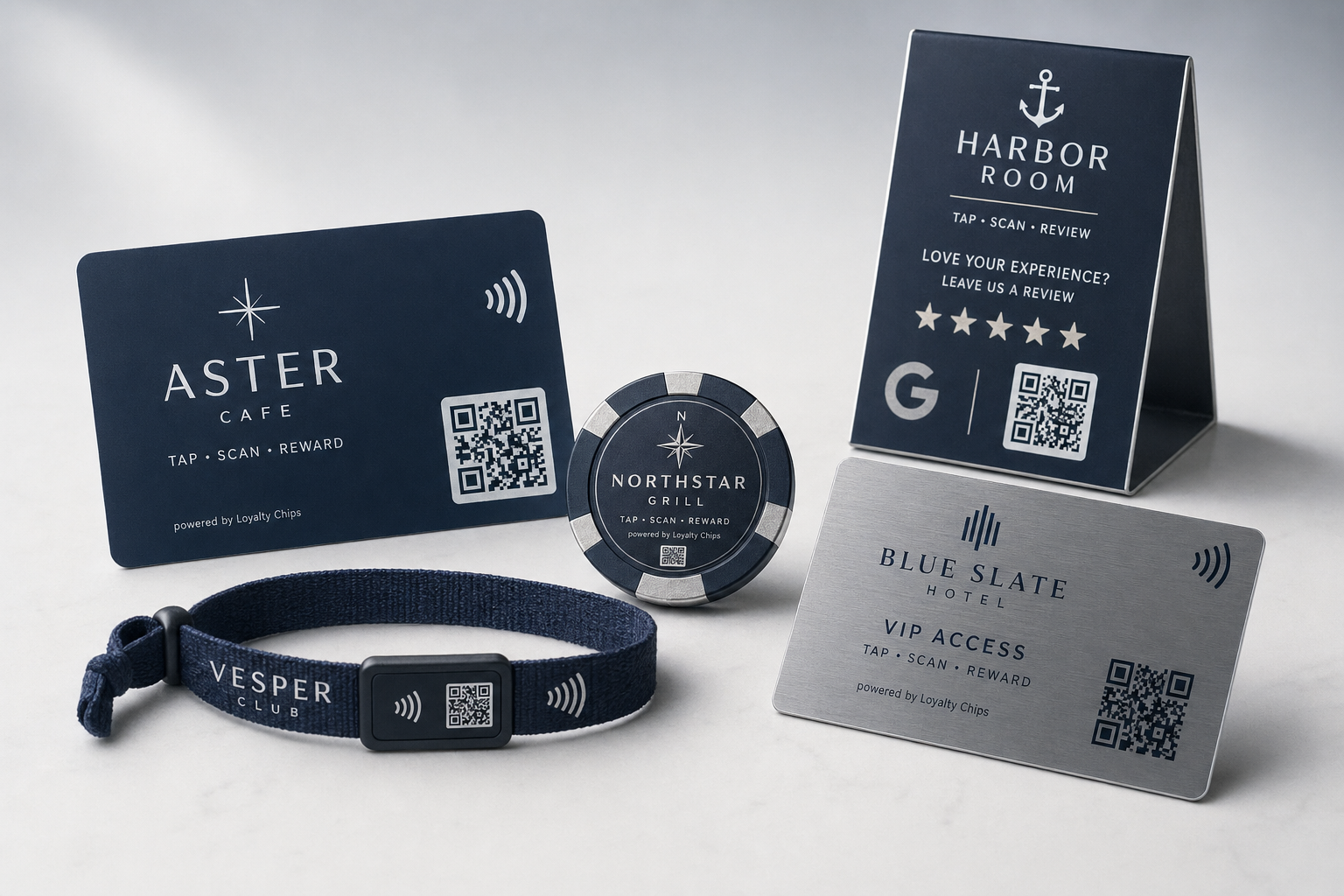 Venue-branded loyalty hardware: plastic member card, weighted poker chip, festival wristband, metal VIP card, and review stand with NFC and QR markings.