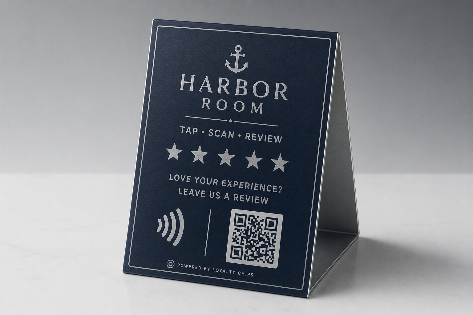 Harbor Room navy countertop review stand with NFC and QR review prompts.