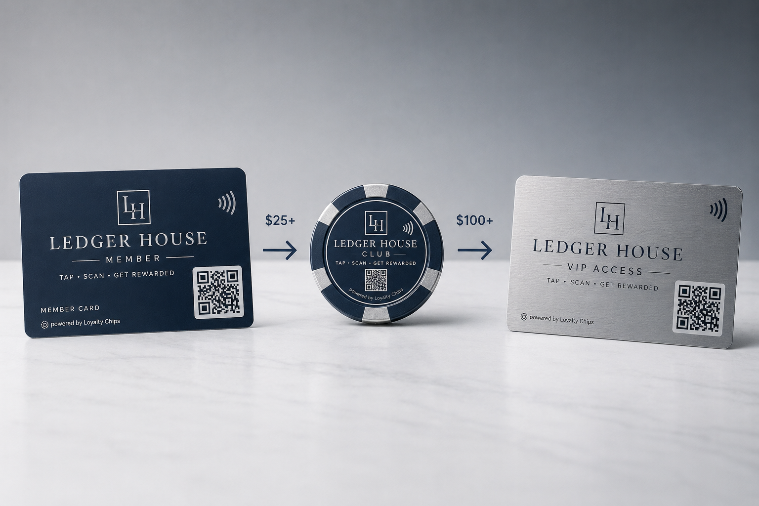 Ledger House progression from navy member card to poker chip to brushed-metal VIP card.